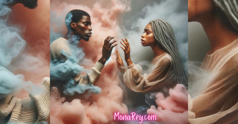 A handsome African-American man wearing a tan sweater is emotional as he reaches for a beautiful African-American woman wearing a sheer blouse. The woman has silver locs in her hair and has teardrops running down her face from her crying as she reaches back for the man. The are surrounded by pink, grey, and blue clouds which appear to be engulfing them and pulling the couple away from each other.