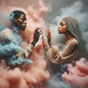 A handsome African-American man wearing a tan sweater is emotional as he reaches for a beautiful African-American woman wearing a sheer blouse. The woman has silver locs in her hair and has teardrops running down her face from her crying as she reaches back for the man. The are surrounded by pink, grey, and blue clouds which appear to be engulfing them and pulling the couple away from each other.