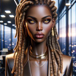 Portrait of an African-American woman with locs and gold accessories, golden hazel eyes, looking confidently at the camera, set against a high-rise office backdrop during twilight.