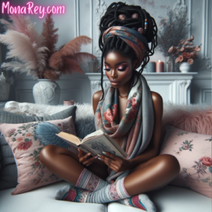 An African American woman with elegant makeup and intricately styled goddess locs sits cross-legged on a white sofa, deeply absorbed in reading a book. She's wrapped in a soft, grey scarf with subtle floral patterns, complementing the serene interior that is adorned with plush decorative pillows in shades of pink, light blue, and grey. Mismatched socks add a touch of casual charm to her thoughtful pose. The room exudes tranquility and the woman emanates a silent, resilient strength, encapsulating the reflective essence of the poem "Voiceless".