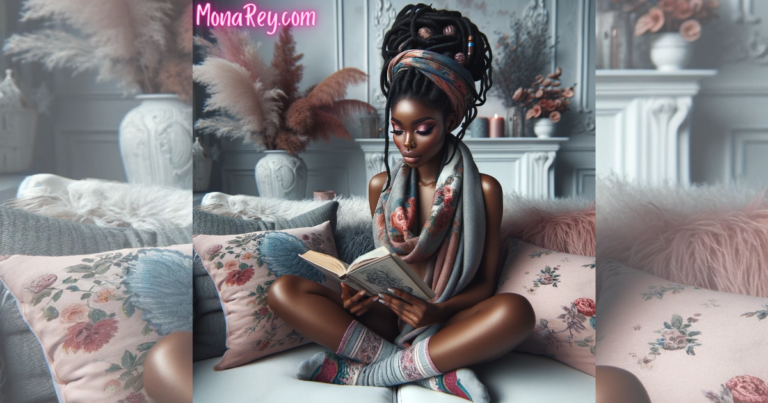 An African American woman with elegant makeup and intricately styled goddess locs sits cross-legged on a white sofa, deeply absorbed in reading a book. She's wrapped in a soft, grey scarf with subtle floral patterns, complementing the serene interior that is adorned with plush decorative pillows in shades of pink, light blue, and grey. Mismatched socks add a touch of casual charm to her thoughtful pose. The room exudes tranquility and the woman emanates a silent, resilient strength, encapsulating the reflective essence of the poem "Voiceless".