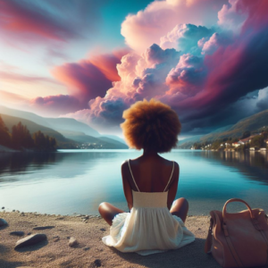An African-American woman wearing a white sun dress and a brown afro is sitting criss-cross applesauce style with her back to the camera as she gazes at a beutiful scenic view. In her view there a crystal blue body of water and cotton candy colored blue and pink clouds above the water in the sky. The woman looks calm and content as she absorbs the beauty of nature. This image is meant to accompany the poem YOLO.