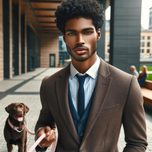 A light brown-complexioned African-American man with model-like features, dressed in neat business casual attire, walks a chocolate Labrador Retriever on a pink leash. The man's hair is neatly styled, curly, and moisturized, highlighting his refined yet approachable appearance. They are in a serene setting, emphasizing a moment of leisure and companionship between the man and his dog, with no other people in the background.