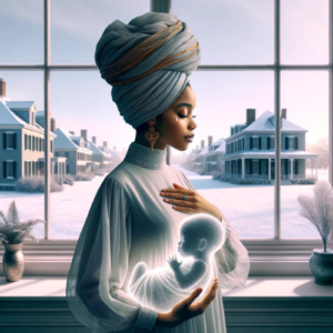 A reflective woman holding the glowing silhouette of a baby in her arms while gazing out a window at a snowy neighborhood, symbolizing loss and memory.