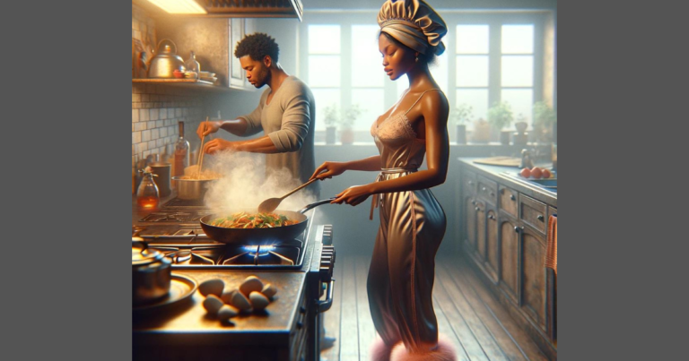 A wide-angle image of a brown-skinned woman and a man in a cozy kitchen. The woman, wearing a bonnet and furry pink slippers, is cooking stir-fry on the stove, with a gentle sweat on her brow from the heat. The man is at the sink, washing dishes. The kitchen has a warm ambiance, with natural light coming through the window and highlighting the couple's collaborative effort.