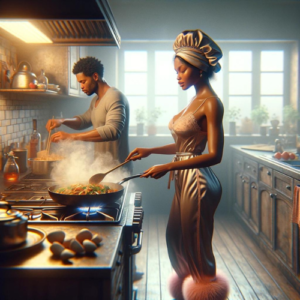 A wide-angle image of a brown-skinned woman and a man in a cozy kitchen. The woman, wearing a bonnet and furry pink slippers, is cooking stir-fry on the stove, with a gentle sweat on her brow from the heat. The man is at the sink, washing dishes. The kitchen has a warm ambiance, with natural light coming through the window and highlighting the couple's collaborative effort.