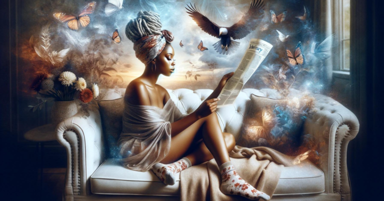 This is a wide-format, ethereal image featuring a woman with goddess locs and a headscarf, seated on a white sofa reading a newspaper. The room has a warm, luminous quality, filled with butterflies and birds in flight, creating a double exposure effect. The lighting suggests a sunset or sunrise, contributing to the dreamlike atmosphere. Flowers and plants add to the tranquil setting, and the woman's mismatched socks introduce a personal touch to the scene.