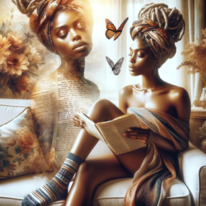 A serene African-American woman with goddess locs wrapped in a headscarf sits on a white sofa, reading a newspaper. She's surrounded by a dreamlike haze where butterflies appear to flutter around her. The room is bathed in a soft, golden light that creates a peaceful ambiance, accentuating the decorative pillows and the cozy throw blanket beside her. Her mismatched socks add a quaint, personal detail to the composition.