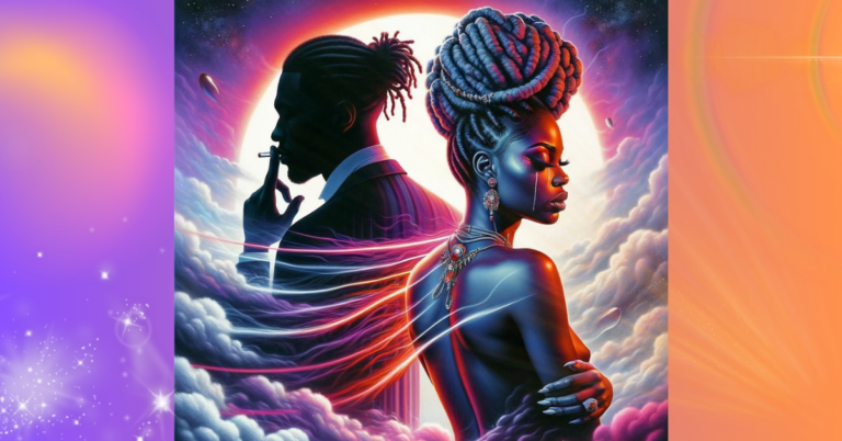 An oil painting of an African-American couple depicted with a cosmic and surreal background. The woman is facing towards us, her detailed locs adorned with jewels and her makeup accentuating her profile, she exudes strength and grace. The man, seen from behind, appears as a silhouette with smoke swirling around him, symbolizing elusiveness. They are enveloped by swirling, smoke-like ribbons that blend into the vibrant, otherworldly sky, which transitions from deep purples to warm oranges, suggesting a fusion of reality and fantasy.