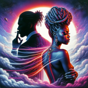 An oil painting of an African-American couple depicted with a cosmic and surreal background. The woman is facing towards us, her detailed locs adorned with jewels and her makeup accentuating her profile, she exudes strength and grace. The man, seen from behind, appears as a silhouette with smoke swirling around him, symbolizing elusiveness. They are enveloped by swirling, smoke-like ribbons that blend into the vibrant, otherworldly sky, which transitions from deep purples to warm oranges, suggesting a fusion of reality and fantasy.