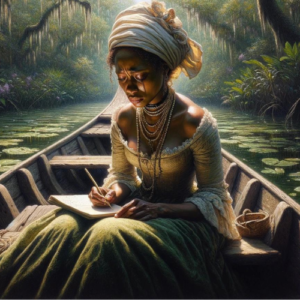 Oil painting of a heartbroken Creole woman sitting in a boat in a bayou, pensively writing in a notebook with a felt tip pen, with a close-up view capturing her sadness.