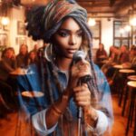 An African-American woman with goddess locs and a scarf confidently holds a microphone, captivating the audience in a cozy café setting during a poetry reading.