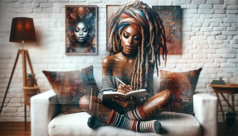 Abstract double exposure image of an African-American woman with flawless makeup and goddess locs tied up in a scarf, sitting on a white sofa and writing in a notebook. She is wearing mismatched socks. The background features decorative pillows and intricate art pieces on the wall, evoking a creative and inspirational atmosphere.