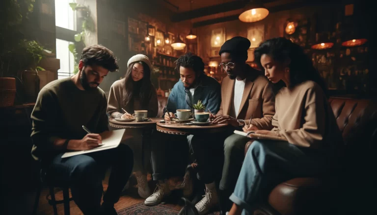 Five ethnically diverse poets engaged in writing, seated around a small table in a dimly lit cafe, each with a coffee cup, some with notebooks, others with laptops, in a cozy creative session.