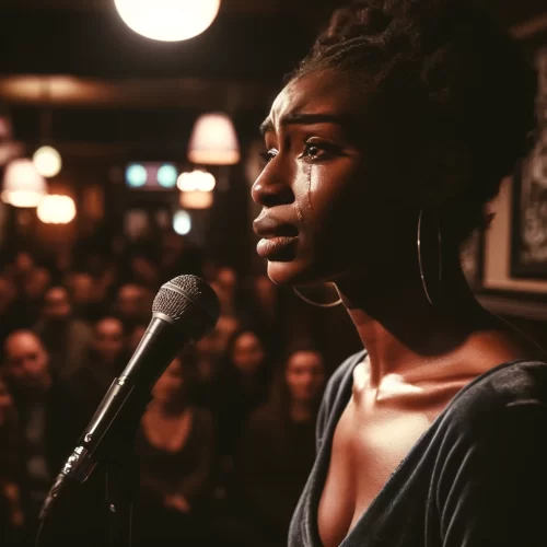 Close-up of a woman of African descent on stage at an open mic night, showing strength and vulnerability as she holds back tears while reciting a powerful poem. The focused lighting amplifies the emotional intensity, with an attentive audience in the background in a pub setting.