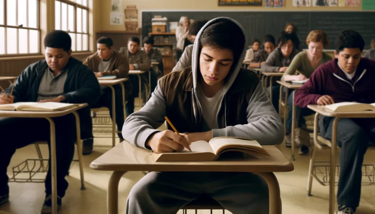 A young Hispanic male student in a hoodie sits at his desk in a classroom, reading a poem with a look of determination and vulnerability. The setting is a modest classroom with other engaged students in the background, capturing the challenging yet hopeful atmosphere of the 'Freedom Writers' movie.